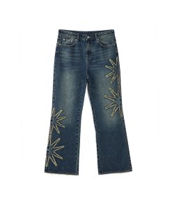 Vintage Wash Blue Star Denim Long Pants - Roaring Beast Design, Retro Style, Perfect for 90s and Y2K Fashion Enthusiasts