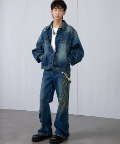 Vintage Wash Blue Star Denim Long Pants - Roaring Beast Design, Retro Style, Perfect for 90s and Y2K Fashion Enthusiasts