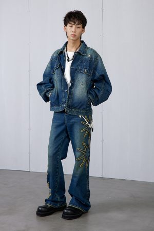 Vintage Wash Blue Star Denim Long Pants - Roaring Beast Design, Retro Style, Perfect for 90s and Y2K Fashion Enthusiasts
