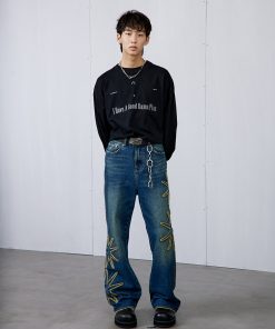 Vintage Wash Blue Star Denim Long Pants - Roaring Beast Design, Retro Style, Perfect for 90s and Y2K Fashion Enthusiasts