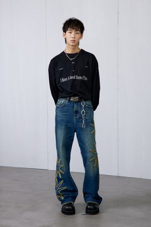 Vintage Wash Blue Star Denim Long Pants - Roaring Beast Design, Retro Style, Perfect for 90s and Y2K Fashion Enthusiasts