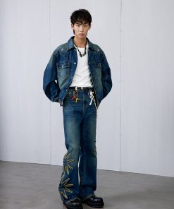 Vintage Wash Blue Star Denim Long Pants - Roaring Beast Design, Retro Style, Perfect for 90s and Y2K Fashion Enthusiasts