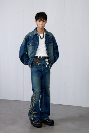 Vintage Wash Blue Star Denim Long Pants - Roaring Beast Design, Retro Style, Perfect for 90s and Y2K Fashion Enthusiasts