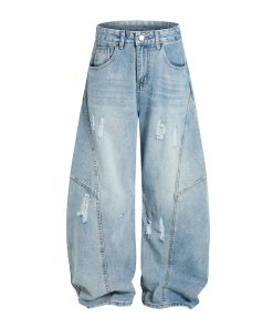 Vintage Wash Distressed Wide-Leg Ripped Jeans for Men - Loose American Style Curved Blade Pants, 90s Inspired Fashion