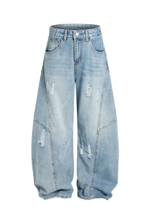 Vintage Wash Distressed Wide-Leg Ripped Jeans for Men - Loose American Style Curved Blade Pants, 90s Inspired Fashion