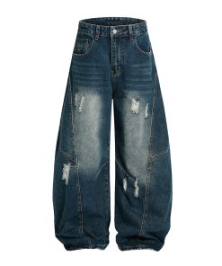 Vintage Wash Distressed Wide-Leg Ripped Jeans for Men - Loose American Style Curved Blade Pants, 90s Inspired Fashion