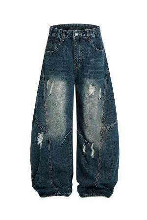 Vintage Wash Distressed Wide-Leg Ripped Jeans for Men - Loose American Style Curved Blade Pants, 90s Inspired Fashion