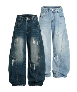 Vintage Wash Distressed Wide-Leg Ripped Jeans for Men - Loose American Style Curved Blade Pants, 90s Inspired Fashion