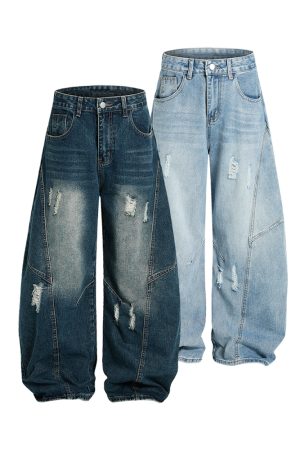 Vintage Wash Distressed Wide-Leg Ripped Jeans for Men - Loose American Style Curved Blade Pants, 90s Inspired Fashion