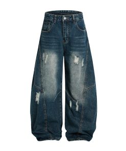 Vintage Wash Distressed Wide-Leg Ripped Jeans for Men - Loose American Style Curved Blade Pants, 90s Inspired Fashion