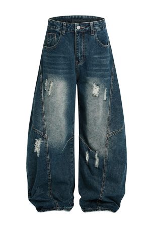 Vintage Wash Distressed Wide-Leg Ripped Jeans for Men - Loose American Style Curved Blade Pants, 90s Inspired Fashion