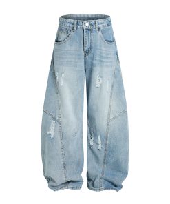 Vintage Wash Distressed Wide-Leg Ripped Jeans for Men - Loose American Style Curved Blade Pants, 90s Inspired Fashion