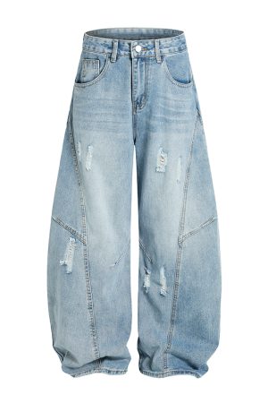 Vintage Wash Distressed Wide-Leg Ripped Jeans for Men - Loose American Style Curved Blade Pants, 90s Inspired Fashion