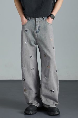 Vintage Washed Black Dog Embroidery Wide-Leg Jeans for Men - Summer Loose High-Waisted Straight Pants, Retro Style