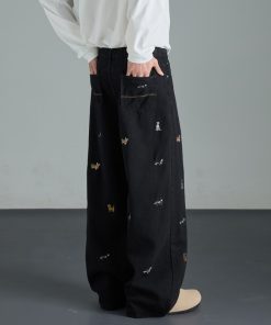 Vintage Washed Black Dog Embroidery Wide-Leg Jeans for Men - Summer Loose High-Waisted Straight Pants, Retro Style