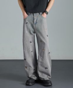 Vintage Washed Black Dog Embroidery Wide-Leg Jeans for Men - Summer Loose High-Waisted Straight Pants, Retro Style