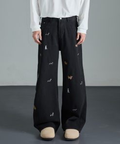 Vintage Washed Black Dog Embroidery Wide-Leg Jeans for Men - Summer Loose High-Waisted Straight Pants, Retro Style