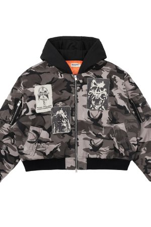 Vintage Washed Camouflage Distressed Patchwork Cotton Jacket - Hell Cross Design, Y2K Style, Perfect for 90s Fashion Lovers