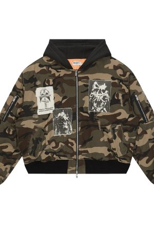 Vintage Washed Camouflage Distressed Patchwork Cotton Jacket - Hell Cross Design, Y2K Style, Perfect for 90s Fashion Lovers