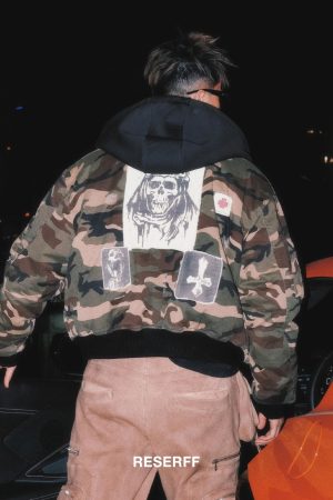 Vintage Washed Camouflage Distressed Patchwork Cotton Jacket - Hell Cross Design, Y2K Style, Perfect for 90s Fashion Lovers