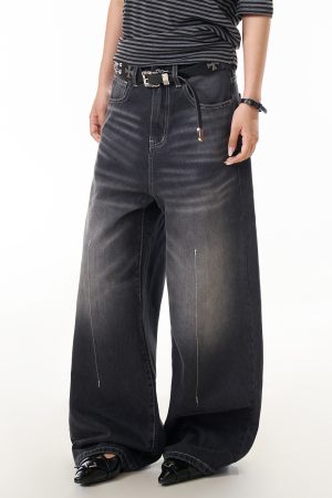 Vintage Washed Distressed Wide-Leg Loose-Fitting Jeans for Women - American Style Floor-Length Slimming Pants