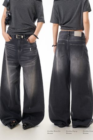 Vintage Washed Distressed Wide-Leg Loose-Fitting Jeans for Women - American Style Floor-Length Slimming Pants