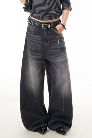 Vintage Washed Distressed Wide-Leg Loose-Fitting Jeans for Women - American Style Floor-Length Slimming Pants