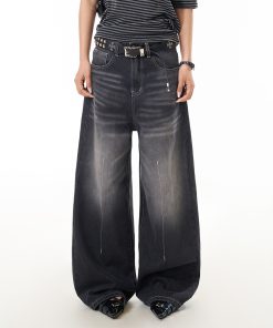 Vintage Washed Distressed Wide-Leg Loose-Fitting Jeans for Women - American Style Floor-Length Slimming Pants
