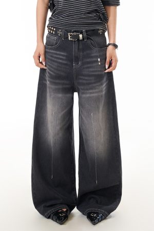 Vintage Washed Distressed Wide-Leg Loose-Fitting Jeans for Women - American Style Floor-Length Slimming Pants