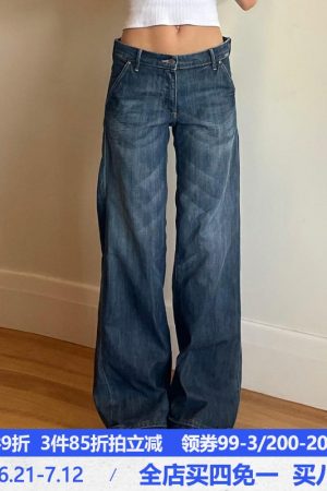 Vintage Washed Low-Waist Straight Leg Jeans for Trendy Girls - Versatile Basic Style for 90s and Y2K Fashion