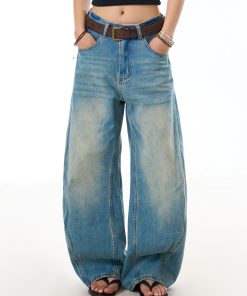 Vintage Washed Straight-Leg Jeans for Women - Loose Casual Pants with Curved Blade Draped Design, Y2K Inspired Fashion Trousers