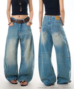 Vintage Washed Straight-Leg Jeans for Women - Loose Casual Pants with Curved Blade Draped Design, Y2K Inspired Fashion Trousers