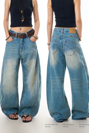 Vintage Washed Straight-Leg Jeans for Women - Loose Casual Pants with Curved Blade Draped Design, Y2K Inspired Fashion Trousers
