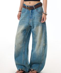 Vintage Washed Straight-Leg Jeans for Women - Loose Casual Pants with Curved Blade Draped Design, Y2K Inspired Fashion Trousers