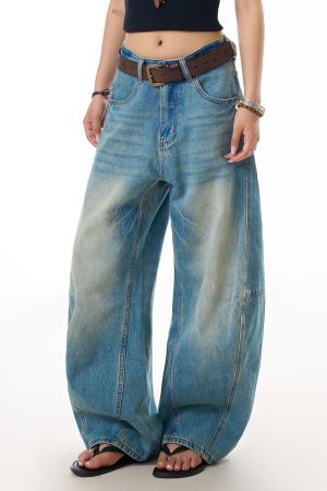 Vintage Washed Straight-Leg Jeans for Women - Loose Casual Pants with Curved Blade Draped Design, Y2K Inspired Fashion Trousers