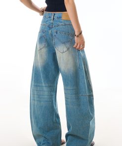 Vintage Washed Straight-Leg Jeans for Women - Loose Casual Pants with Curved Blade Draped Design, Y2K Inspired Fashion Trousers