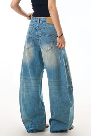 Vintage Washed Straight-Leg Jeans for Women - Loose Casual Pants with Curved Blade Draped Design, Y2K Inspired Fashion Trousers