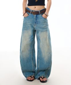 Vintage Washed Straight-Leg Jeans for Women - Loose Casual Pants with Curved Blade Draped Design, Y2K Inspired Fashion Trousers