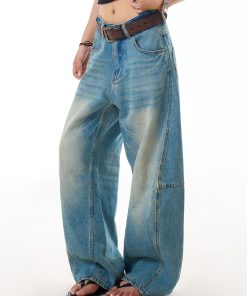 Vintage Washed Straight-Leg Jeans for Women - Loose Casual Pants with Curved Blade Draped Design, Y2K Inspired Fashion Trousers