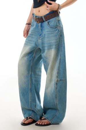 Vintage Washed Straight-Leg Jeans for Women - Loose Casual Pants with Curved Blade Draped Design, Y2K Inspired Fashion Trousers