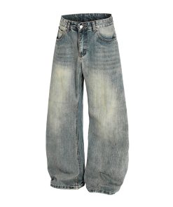 Vintage Washed Wide-Leg Denim Pants for Women - Trendy Loose Baggy Machete Style Curved Blade Trousers