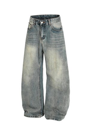 Vintage Washed Wide-Leg Denim Pants for Women - Trendy Loose Baggy Machete Style Curved Blade Trousers