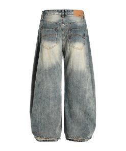 Vintage Washed Wide-Leg Denim Pants for Women - Trendy Loose Baggy Machete Style Curved Blade Trousers