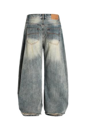 Vintage Washed Wide-Leg Denim Pants for Women - Trendy Loose Baggy Machete Style Curved Blade Trousers