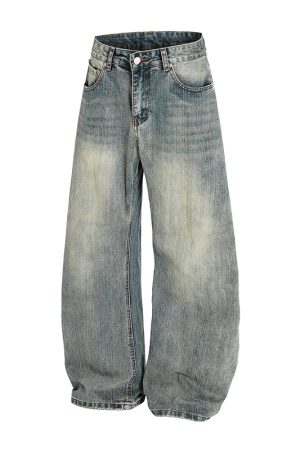 Vintage Washed Wide-Leg Denim Pants for Women - Trendy Loose Baggy Machete Style Curved Blade Trousers