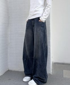 Vintage Water-Washed Curved Blade Wide-Leg Jeans for Women, Loose Fit Floor-Length Pants with Draping Design, Y2K Style