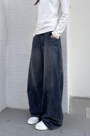 Vintage Water-Washed Curved Blade Wide-Leg Jeans for Women, Loose Fit Floor-Length Pants with Draping Design, Y2K Style