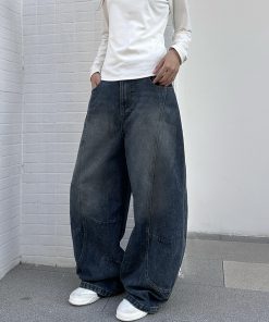 Vintage Water-Washed Curved Blade Wide-Leg Jeans for Women, Loose Fit Floor-Length Pants with Draping Design, Y2K Style