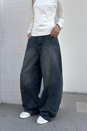 Vintage Water-Washed Curved Blade Wide-Leg Jeans for Women, Loose Fit Floor-Length Pants with Draping Design, Y2K Style