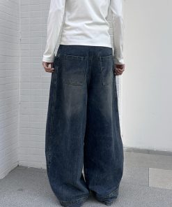 Vintage Water-Washed Curved Blade Wide-Leg Jeans for Women, Loose Fit Floor-Length Pants with Draping Design, Y2K Style